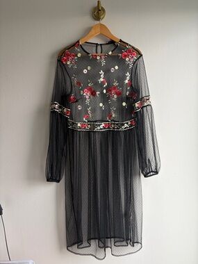 Black Sheer Long-Sleeve Dress with Red Floral Embroidery